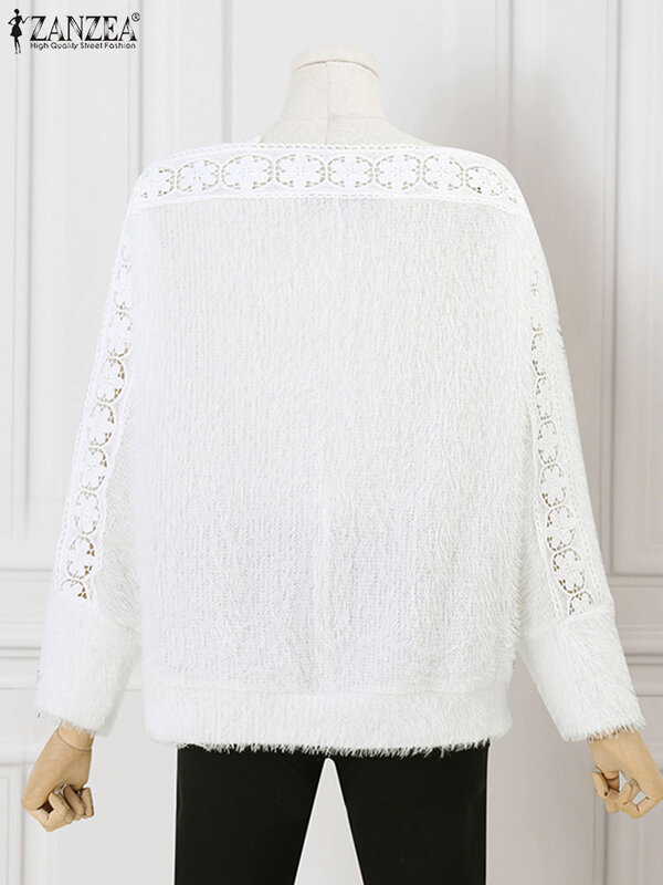 Женский вязаный свитер ZANZEA с вырезами, осень 2023, вязаный крючком кружевной пуловер с длинным рукавом, Элегантный Модный повседневный Свободный Топ