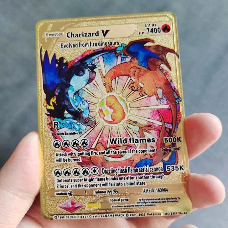2023 بطاقات معدنية من الحديد لبوكيمون الحروف الذهبية Mewtwo Eevee Pikachu Arceus Gengar Charizard Pokémon GX Vmax EX لعب الأطفال