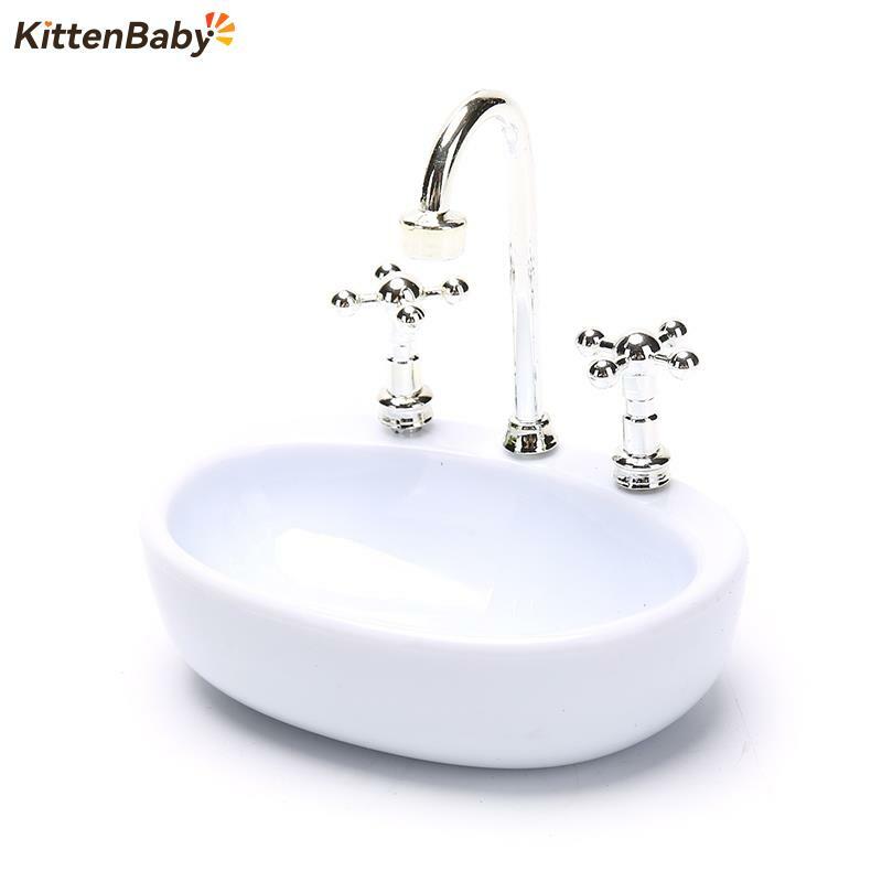 1/12 Houten Wastafel Kast Met Keramische Hand Sink Miniatuur Meubels Speelgoed Voor Poppenhuis Badkamer Keuken Decoratie