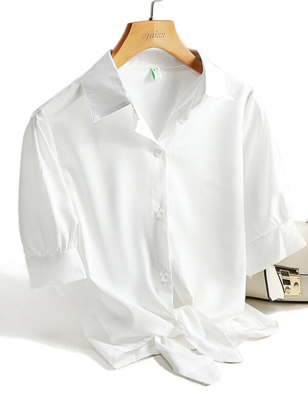 Blusa de manga curta feminina chiffon, camisa casual, tops brancos, nova moda, verão, 2024