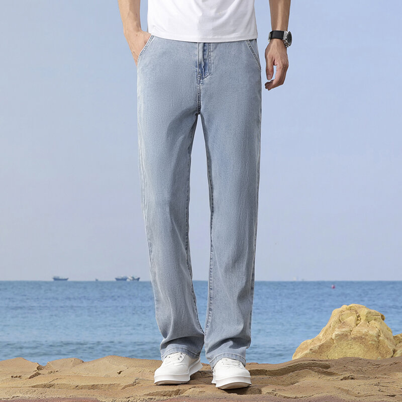 Джинсы мужские ультратонкие свободного покроя, модные деловые повседневные мешковатые брюки из вискозы, прямые дымчато-серые, 40 42, лето 2024