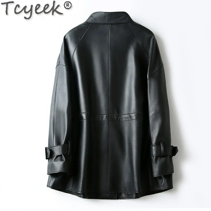 Tcyeek-jaqueta de couro feminino, camada superior, pele de carneiro real, jaqueta motocicleta, roupas femininas, primavera e outono