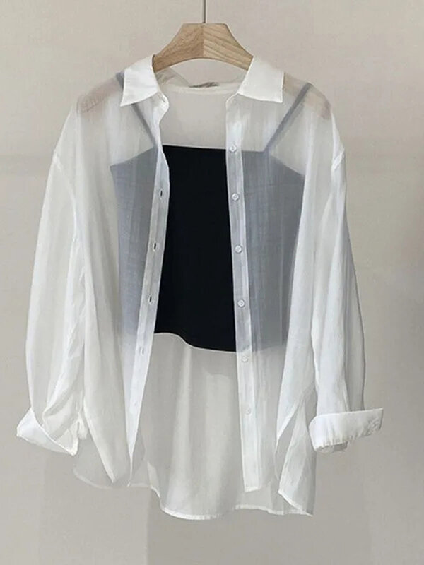Mesh Shirt Women's Thin Summer Clothing Long Sleeved Loose Korean Chic Thin Gauze Soft Student College Lapel Sunscreen Clothes
