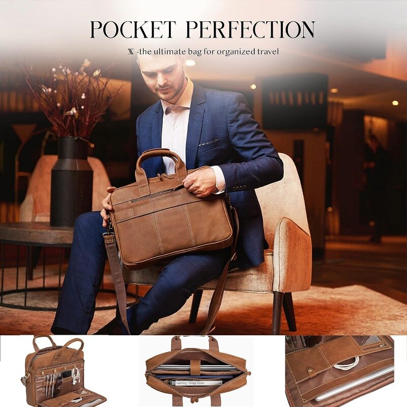 Bolsa de couro portátil com vários compartimentos e ferragens de latão, presentes masculinos de primeira escolha, feitos artesanalmente para laptop de 15,6"