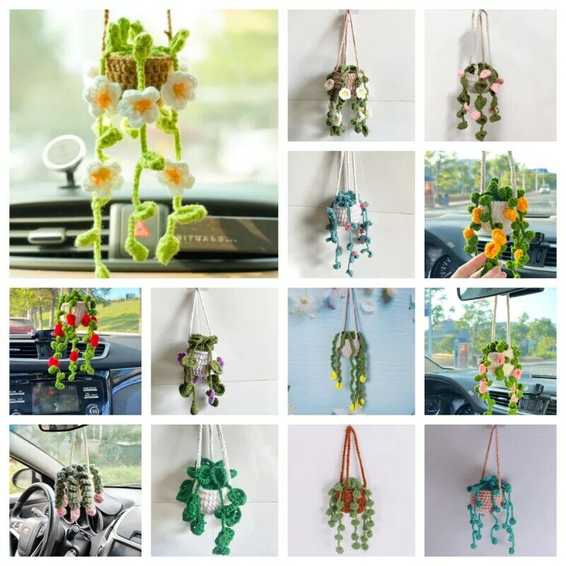 NOVO Cute Potted Plants Crochet Car Basket, Pendurado Flor Crochet Car Decor, Ornamento do carro Espelho Retrovisor Pendurado Acessórios