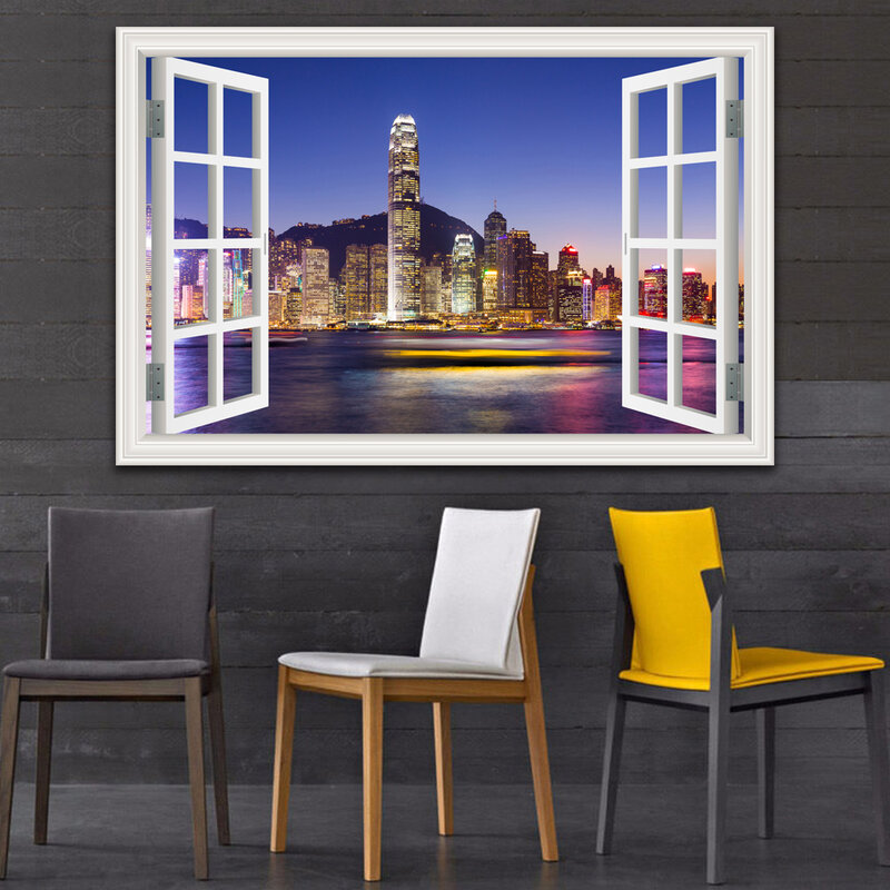 Póster de lienzo artístico con impresión de ventana de paisaje nocturno de edificio de ciudad para decoración de sala de estar, imagen de pared del hogar