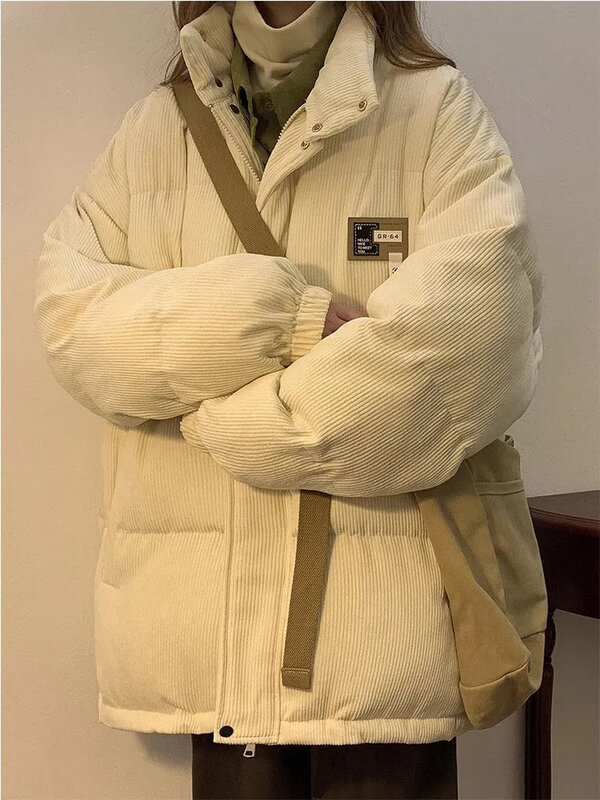Jaket wanita Harajuku hangat, mantel parka musim dingin korduroi katun, jaket penahan angin empuk, mantel parka wanita 2023