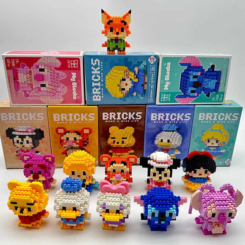 Stitch Disney Princess Elsa LinaBell Building Blocks Mickey Mouse Duck Mini Action Figures Blocks Assemble Toys Brick Kids Gifts