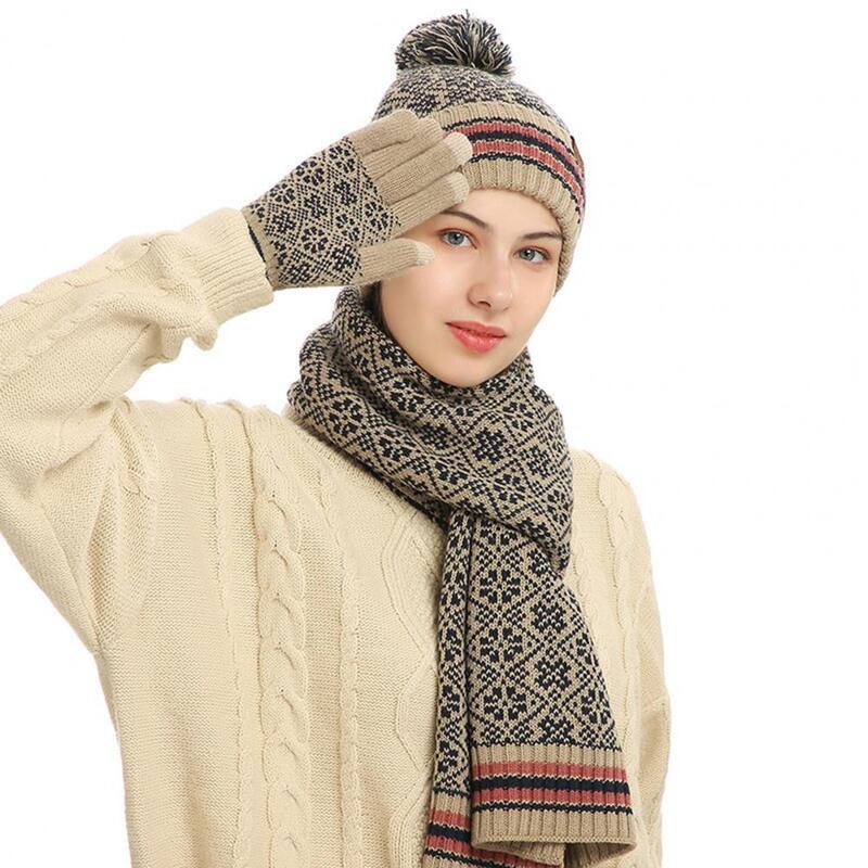 Sarung tangan syal topi hangat Jacquard, topi Beanie rajut syal panjang layar sentuh dengan lapisan bulu untuk musim dingin wanita