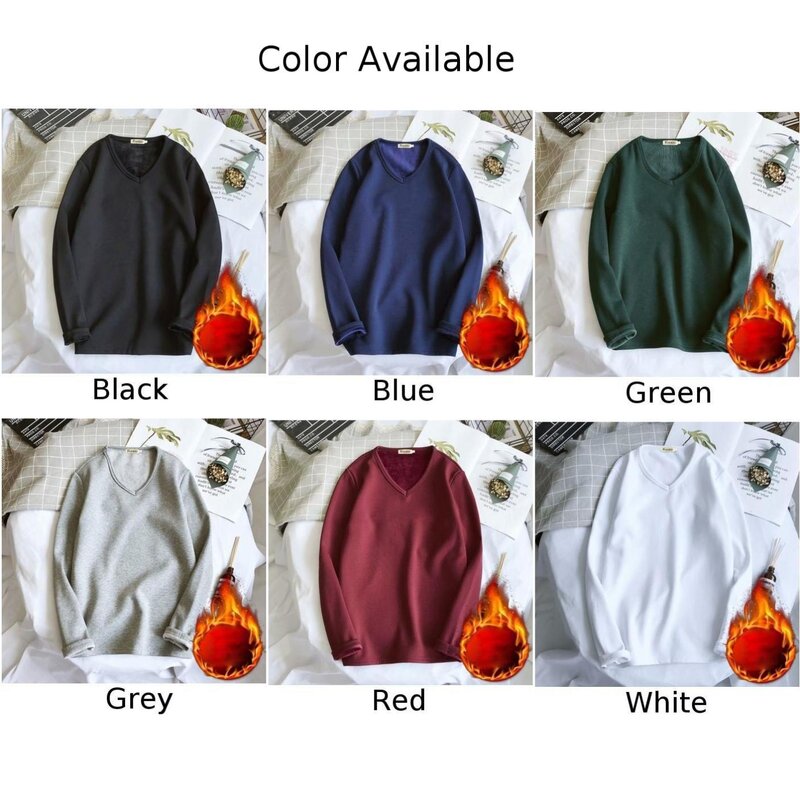 Men\\\'s Fleece Lined T Shirt Winter Warm Solid Tops V Neck Thicken Tee Keep Warm Assorted Colors Stay Cozy and Stylish