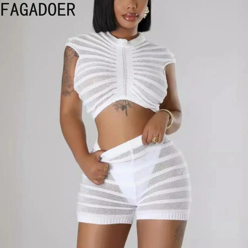 FAGADOER Summer New Knitting Perspective Nightclub Two Piece Sets Women Round Neck Short Sleeve Crop Top And Shorts Outfits 2024
