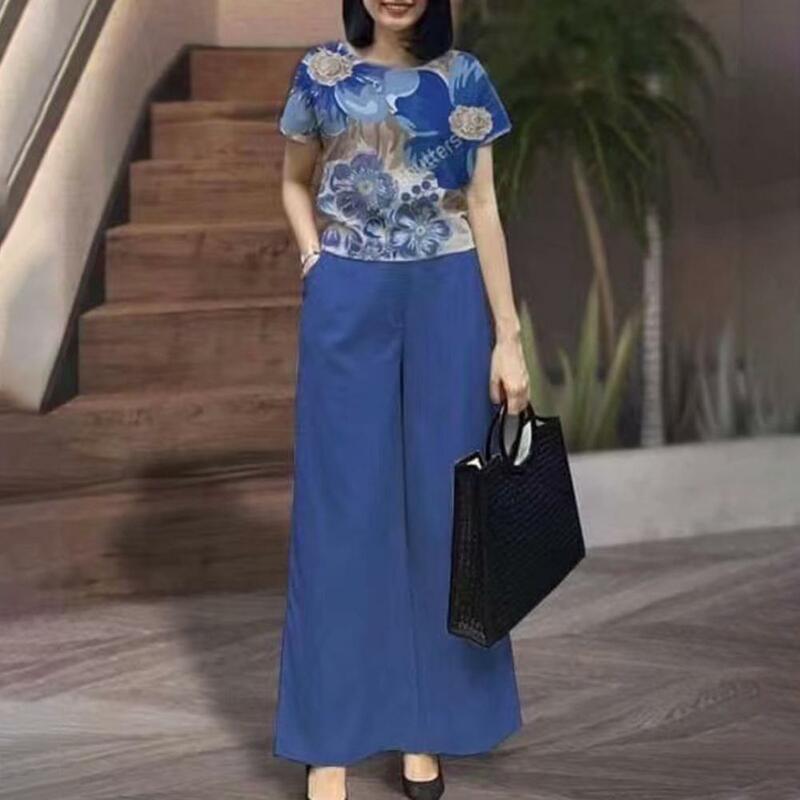 Women Casual Suit Flower Print Women's T-shirt Pants Set with Wide Leg High Elastic Waist Short Sleeve O Neck Top Plus for Women