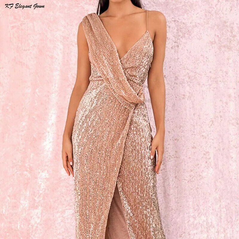 Новинка 2024, весенне-летнее банкетное дизайнерское золотистое тяжелое вечернее платье на одно плечо с блестками, женское платье «рыбий хвост»