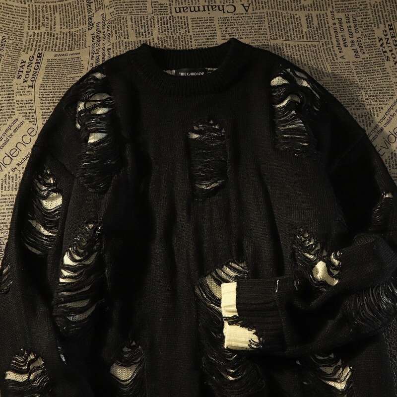 Jersey de dos suéteres falsos con agujeros para hombre, ropa de calle de estilo Punk, informal, suelto, moda de calle alta, Y2k, americano, nuevo
