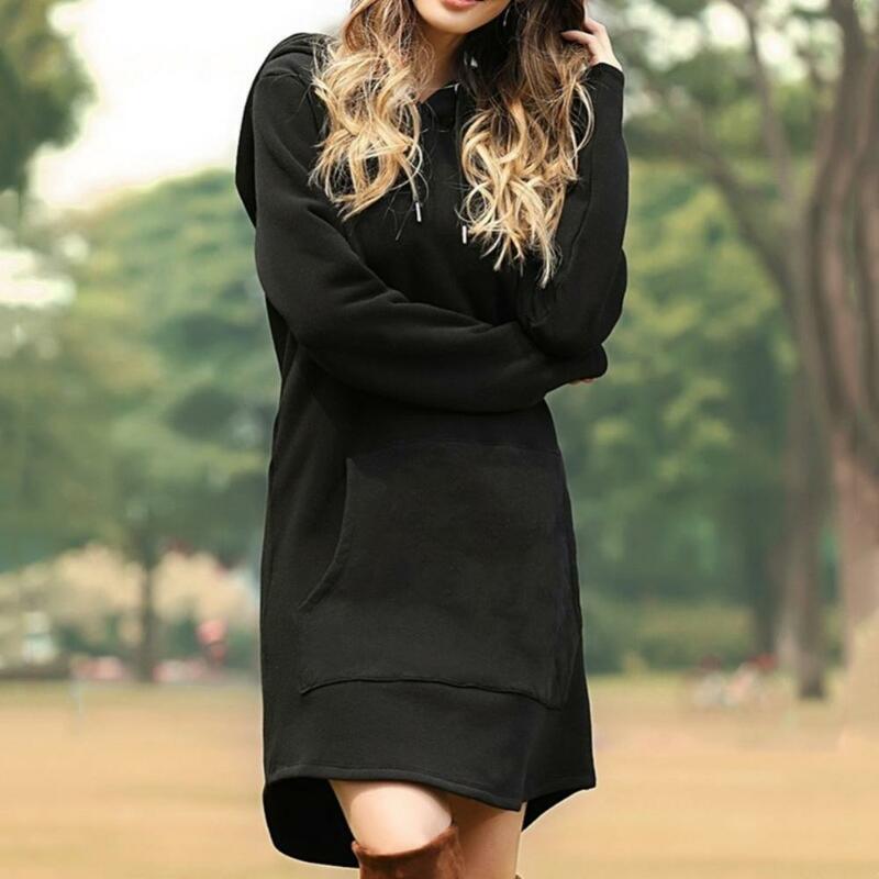 Women Fashion Hoodies Dress Spring Solid Big Pocket Sweatshirt Korean Pop Hoody Casual Long Tops Oversized Pullover