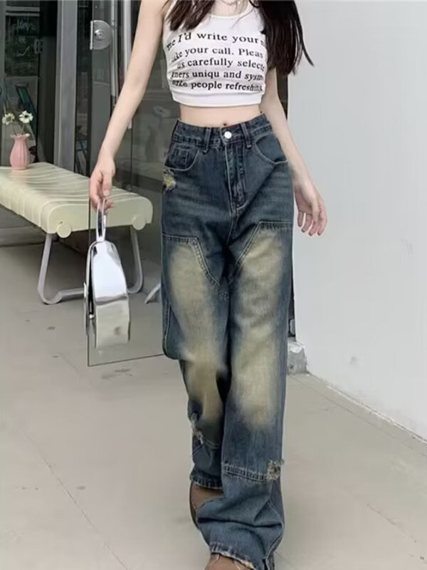 Jeans Women Vintage American Style High Waist All-match Chic Loose Denim Trousers Streetwear Spliced Summer Popular College New