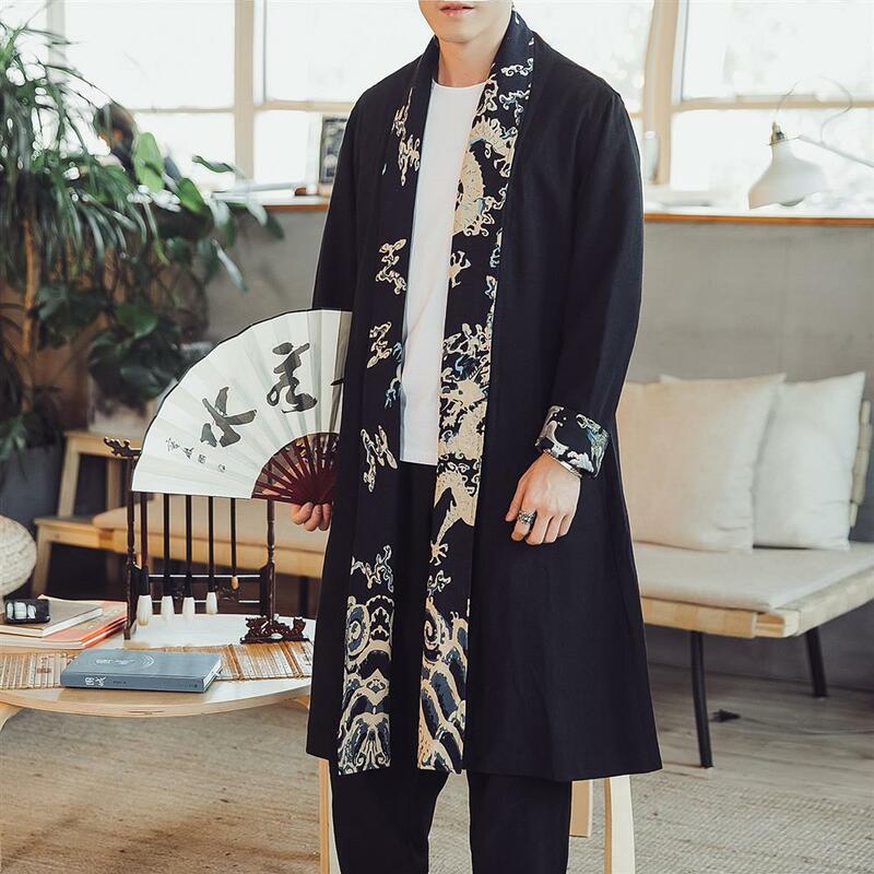 Outono estilo chinês médio comprimento casaco à prova de vento capa taoist robe roupão residencial hanfu robe top