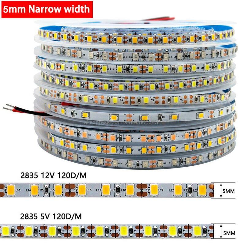 Tira de LED SMD 2835 de 5mm de ancho estrecho, 5V, 12V, 24V de CC, PCB, 60 / 120/180LED/M, luz LED Flexible, blanco frío, cálido, rojo, verde, azul, IP20