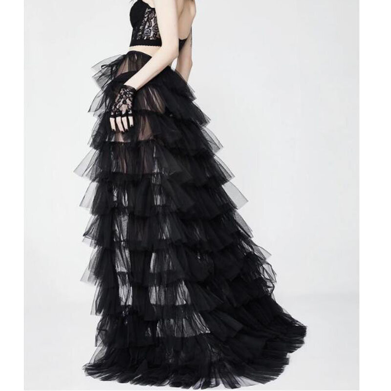 فستان سهرة أسود مع شق أمامي قابل للفصل ، تنورة تول طبقات مع قطار قابل للإزالة ، تنورة زفاف