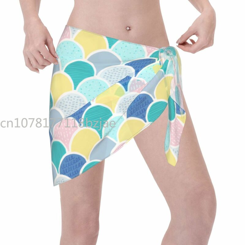 Seksowny szyfonowe stroje kąpielowe szalik Pareo rybie łuski syrenka wzór zakrywający spódnica wiązana casualowe stroje kąpielowe bikini