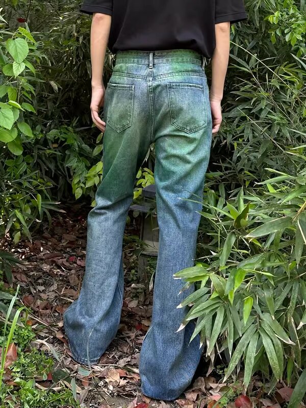 REDDACHIC Retro Green Wash Flare Jeans per uomo Clean Fit baffi Distressed Relaxed Bootcut Denim Pants Y2K Harajuku Streetwear