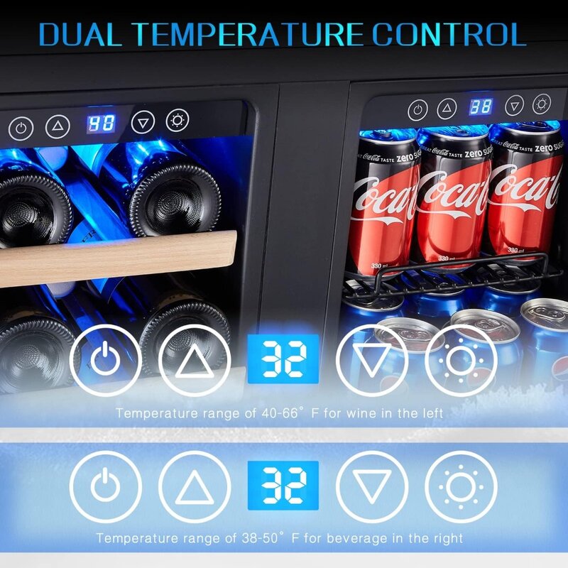 Kalamera-Refrigerador de vinhos e bebidas, Dual Zone Hold 20 garrafas e 78 latas, toque digital, embutido ou autônomo, 24 polegadas