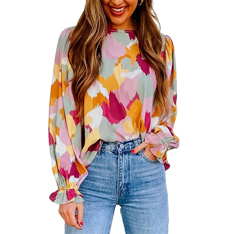 Moda abstrakcyjny wydruk szyfonowa koszula kobiet jesień luźne O sweter szyi Casual bluzki damskie plisowane Bubble bluzka z długimi rękawami