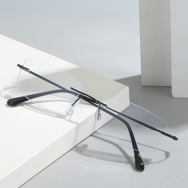 Gafas de miopía sin marco ultraligeras para hombres, gafas de miopía con montura cuadrada, productos terminados con grado, gafas de luz azul