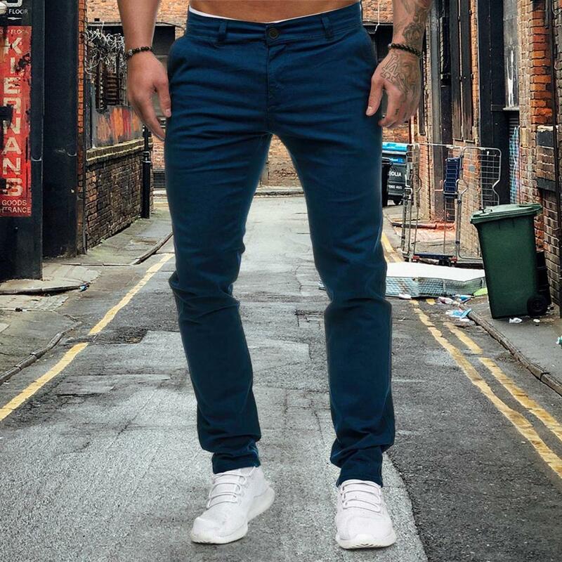 Business Casual Pants Stylish Men's Slim Fit Pencil Pants with Zipper Closure Thin Pockets Breathable Ankle Length for Casual