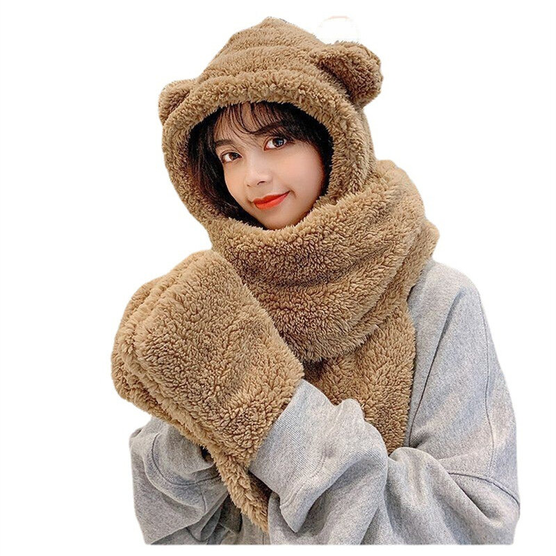 Conjunto de Gorro con orejas de oso para mujer, conjunto de guantes y bufanda, gorros cálidos e informales de felpa, de lana lisa, regalo Kawaii, novedad de invierno