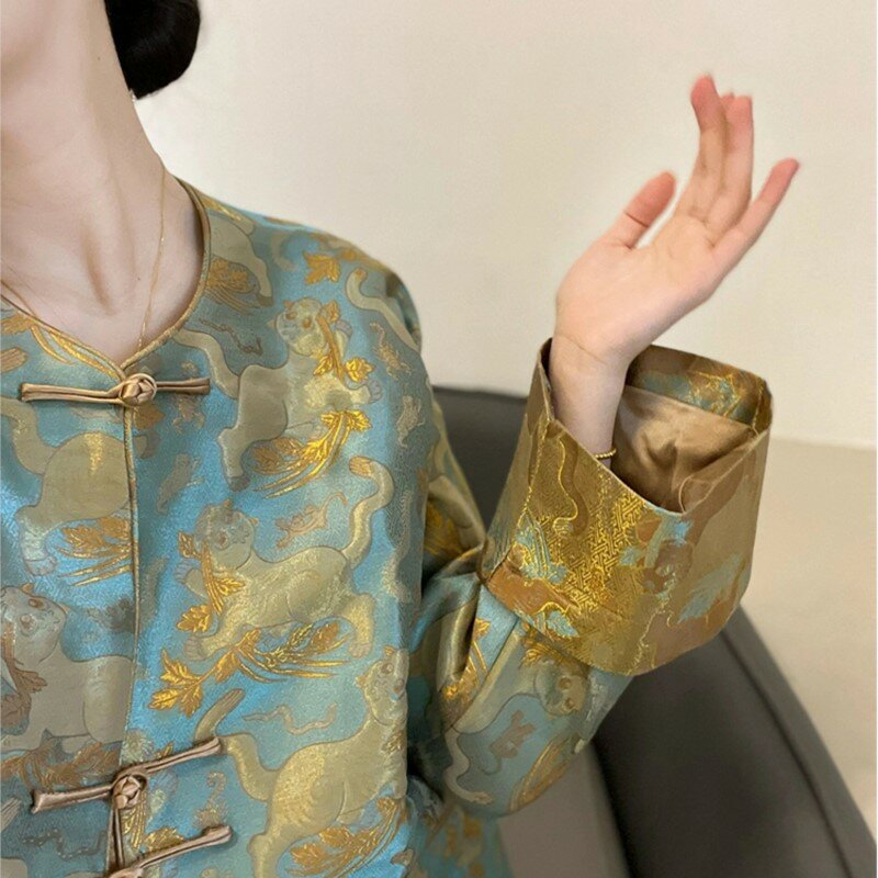 Setelan kemeja wanita gaya China, pakaian rok mantel kancing simpul