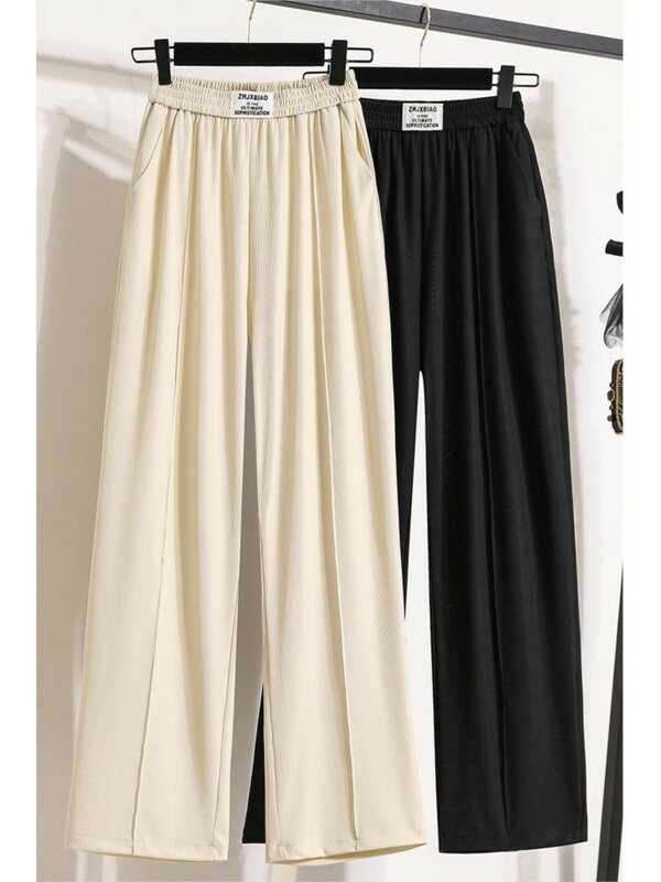 FJMODIS-Pantalon long plissé en mousseline de soie pour femme, taille haute, jambes larges, style coréen, grande taille, décontracté, été