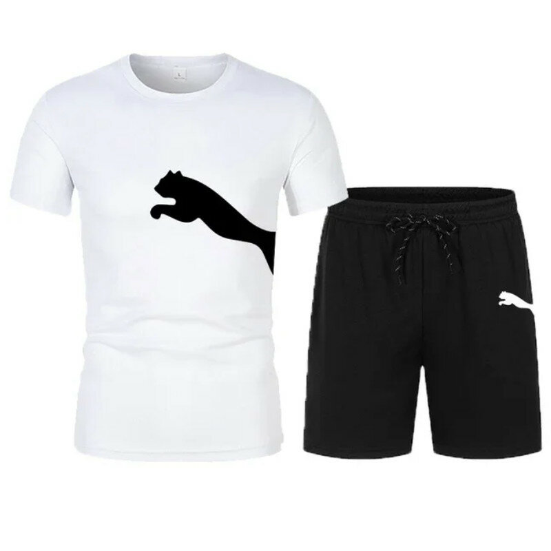 T-shirt masculina de algodão e calças curtas, Sportswear, Streetwear, agasalho, camisetas, shorts, verão, novo, conjuntos 2 pcs