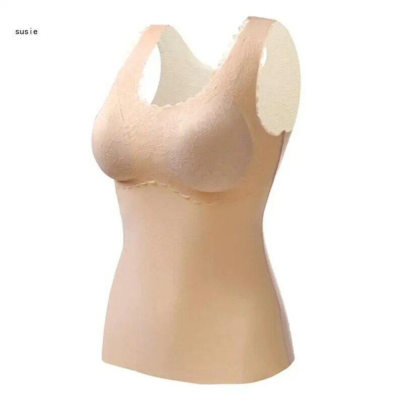 X7YA Womens Sleeveless V Neck Lace Thermal Fleece Lined Underwear Tops Cami Top Warm Base Layer Vest with Latex Pad