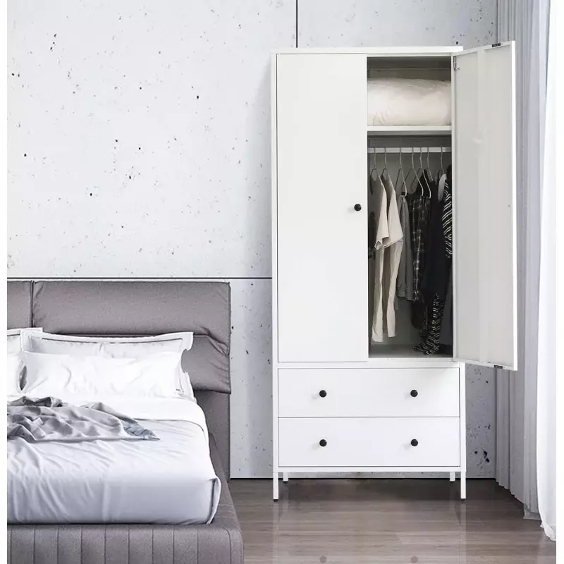 Besfur Wardrobe Closet, Metal Armoires and Wardrobes with Two Drawers, Adjustable Hanging Rod, 20" D*31.5" W*74" H - White