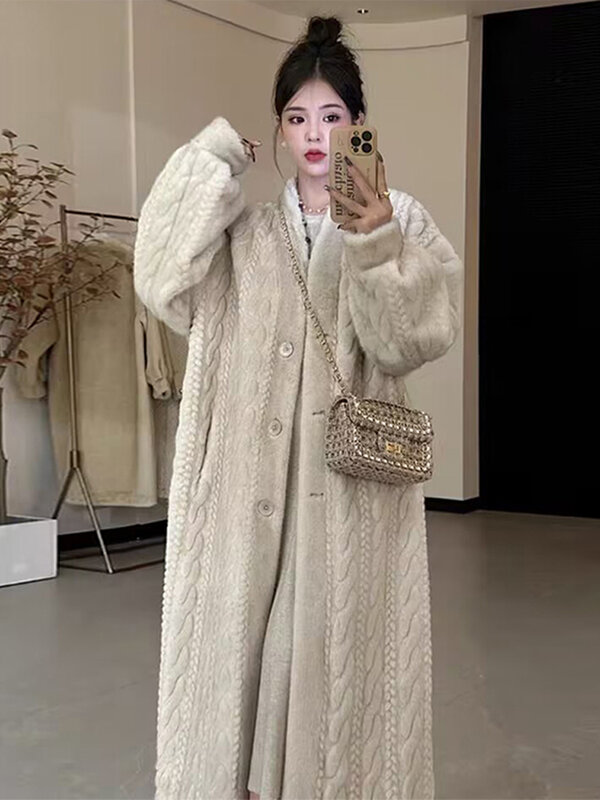 Thicken Faux Fur Coat Women 2023 Winter Long Sleeve Single Breasted Loose Female Midi Jacket Twists Knit Lady Fashion Outcoat