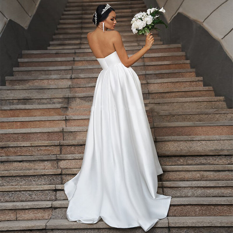 女性のためのサテンのプリンセスドレス,結婚式のためのエレガントな衣装,取り外し可能なトレイン付き,白い服