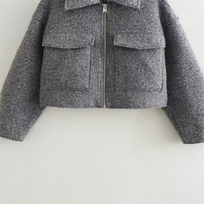 MESTTRAF-abrigo corto de lana con solapa y cremallera para mujer, abrigo elegante de manga larga con bolsillos, color gris, cálido, Otoño, 2023