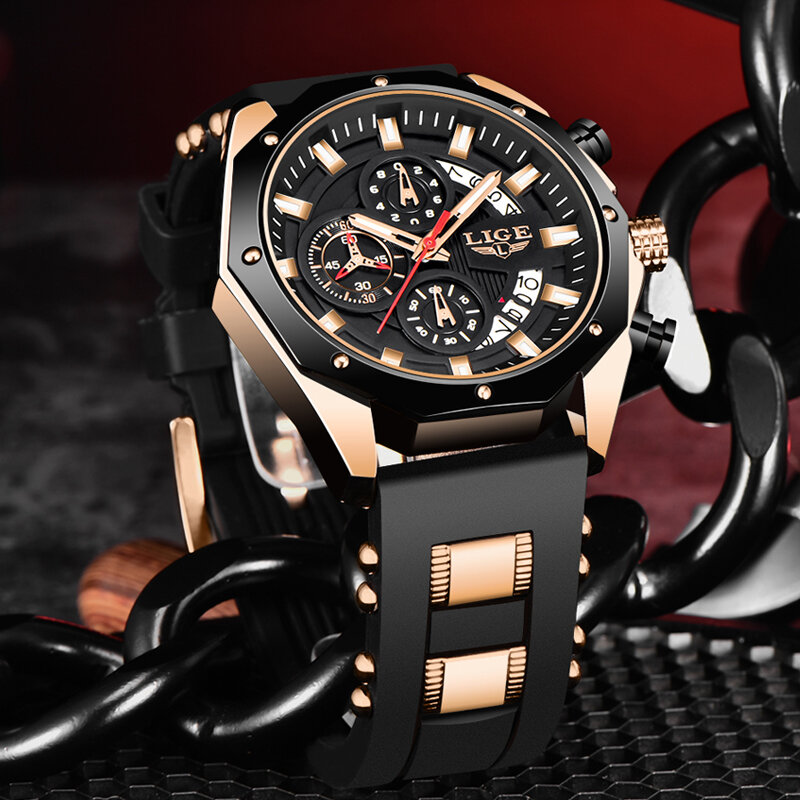 Часы наручные LIGE мужские с силиконовым ремешком, модные брендовые Роскошные Кварцевые водонепроницаемые с хронографом, с датой, 2023