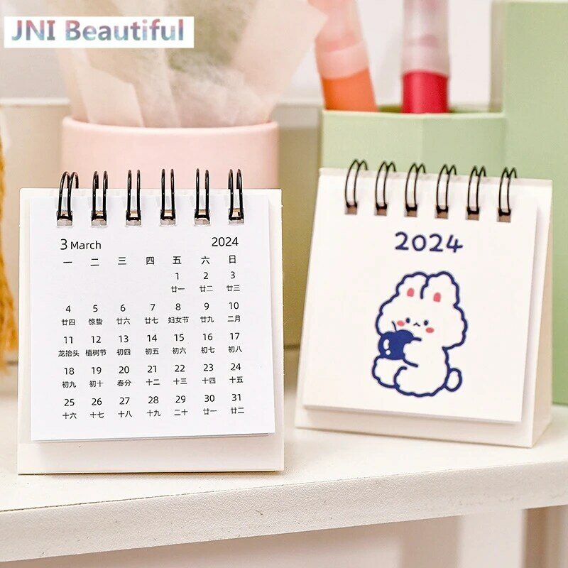 Calendario de escritorio pequeño Simple Ins para estudiantes, lindo perro de dibujos animados, conejo, Mini nota, estudio, oficina, 2024 años