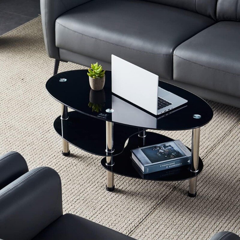 Mesa de té de vidrio de forma ovalada para oficina, mesa de centro moderna de 3 niveles, mesa final para sala de estar, negro