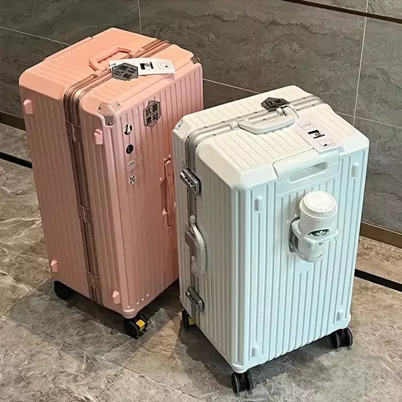 Large Capacity Travel Luggage Aluminum Frame Suitcase Pull Rod Case 24/28/32 " with Cup Holder Travel Case Combination Box