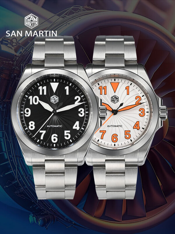 San Martin-Reloj de piloto con esfera de turbina, cronógrafo mecánico automático de zafiro luminoso, 10bar, NH35, 40mm, SN0132