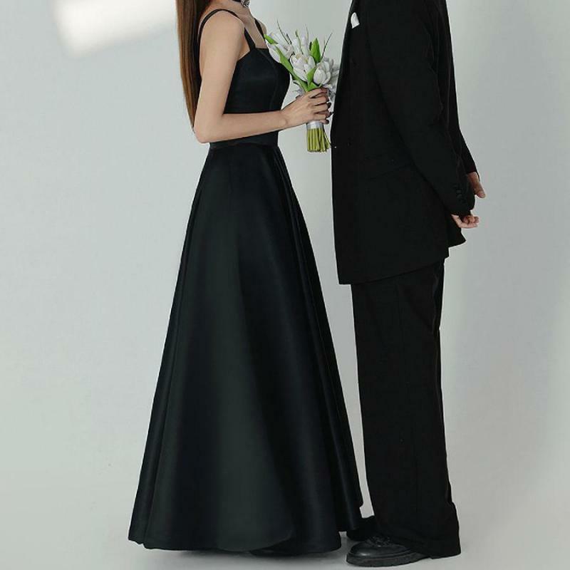Semplici spalline senza spalline abiti da sposa spose nero confortevole abito da sposa coreano in raso classico colletto quadrato abiti lunghi
