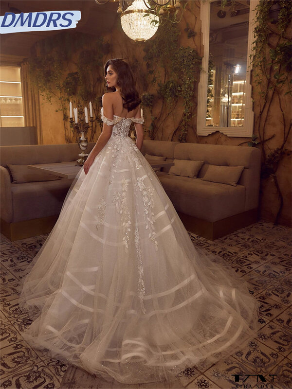 Romantische Applikation Brautkleid einfache A-Linie Brautkleid anmutige Tüll bodenlangen Kleid vestidos de novia
