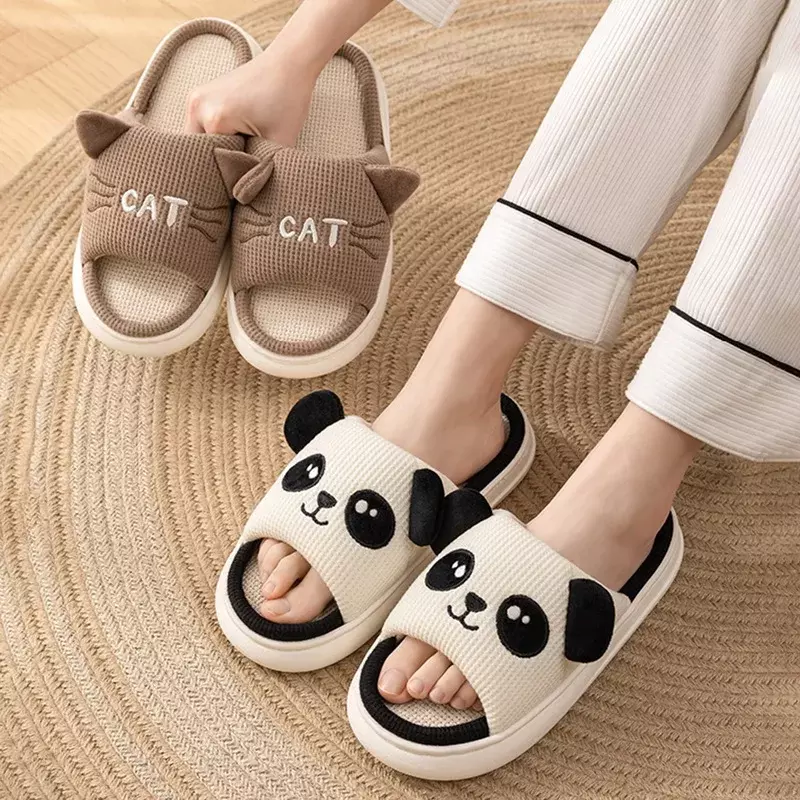 Śliczne zwierzęce Panda pantofle damskie dziewczęce Kawaii kryty lniane pantofle kobieta kreskówka mleko krowie dom dla kotów śmieszne buty