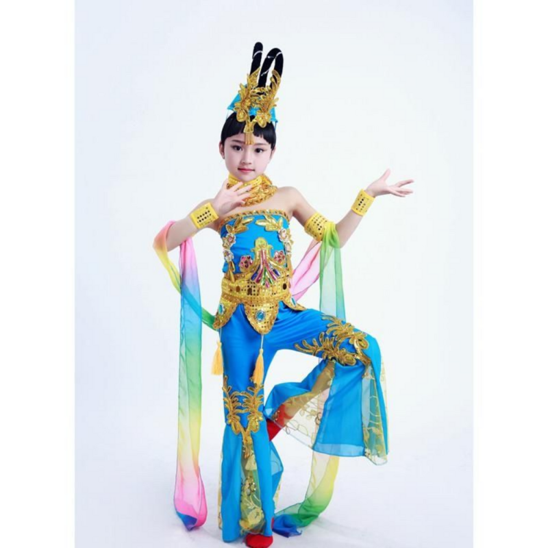New Dunhuang Flying Dance Performance Costume Pipa Adult Children's Blue Hanfu Female Chinese Folk Dance Costumes Dance Dunhuang