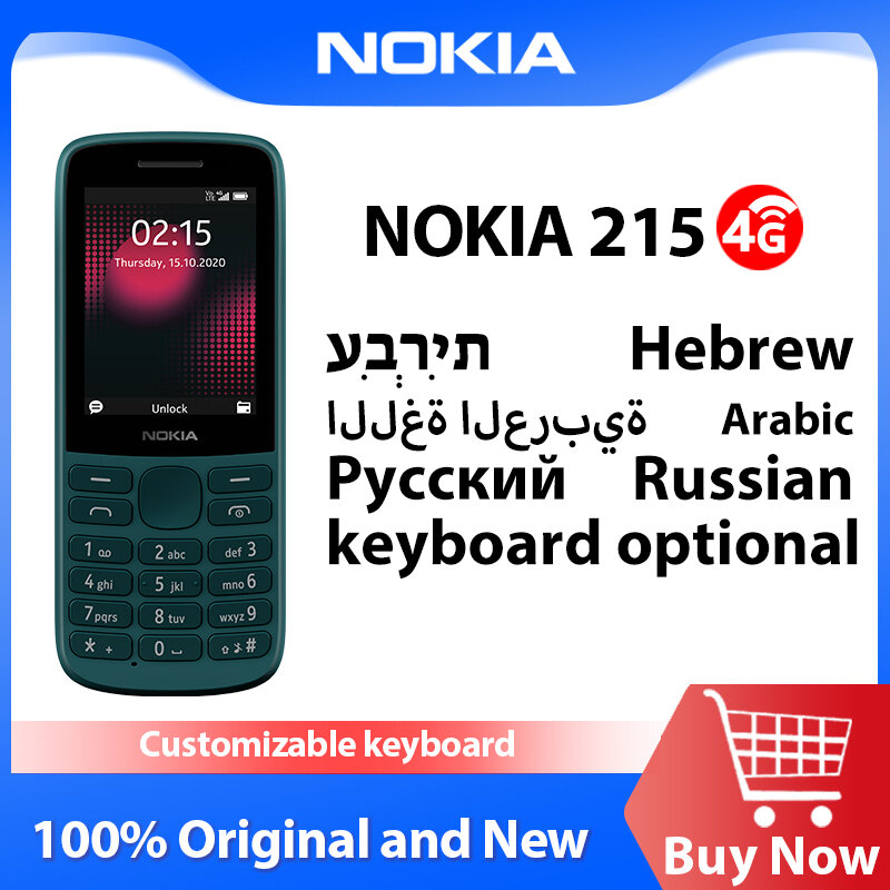 Nokia-215 4G Mobile Phone, Dual Sim Feature, Bluetooth, Rádio FM, 1150mAh, Dual SIM, Botão de pressão, Original, Novo, Global ROM, 215