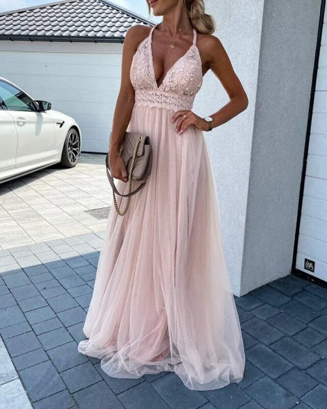 Gaun tali selempang wanita pesta ulang tahun tanpa lengan gaun pinggang tinggi bola panjang merah muda jaring renda kerah V rendah seksi musim panas