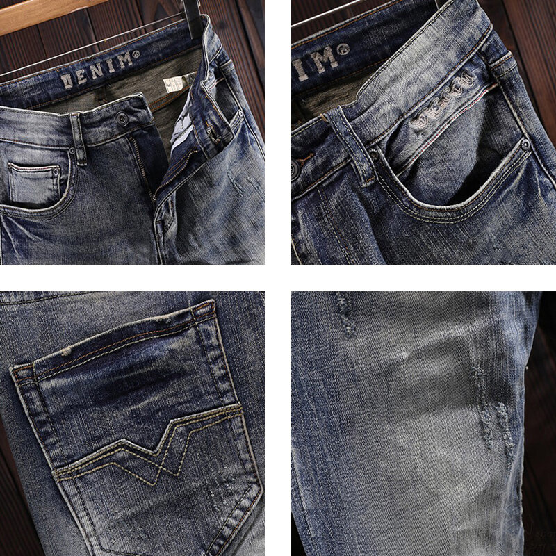 Projektant mody męskie dżinsy wysokiej jakości Retro szary niebieski elastyczny Slim Fit porwane jeansy mężczyźni haft Vintage spodnie dżinsowe Hombre